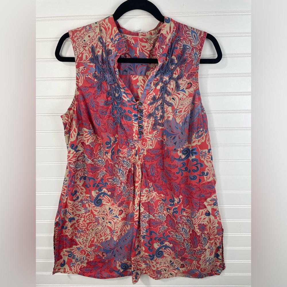 Charter Club Sleeveless Red and Blue Floral Soutache Braid Tunic 14 Women’s GUC